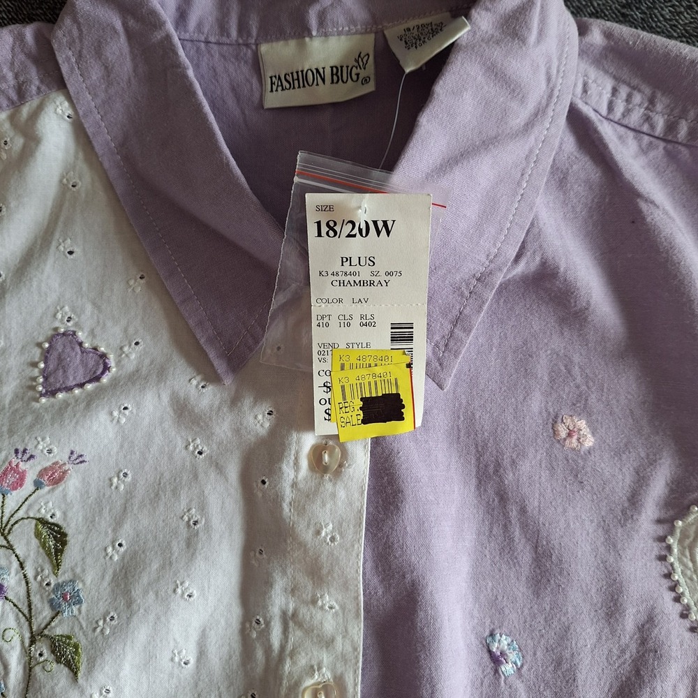 VTG Fashion Bug Embroidered Blouse Womans 18/20 Purple/White Floral Heart Button - Picture 9 of 11